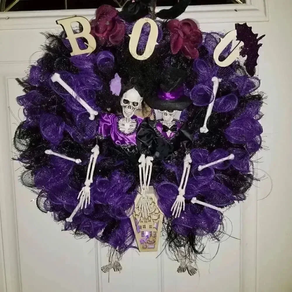 Handmade Halloween Mr and Mrs skeleton wreath